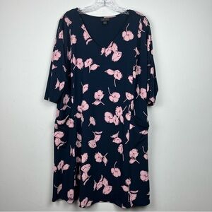 J. Jill Wearever Collection Blue Pink Floral Dress Transitional‎ V Neck Cozy LP